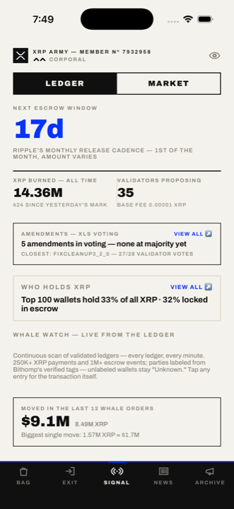 The Signal — whale watch and escrow, live from the ledger