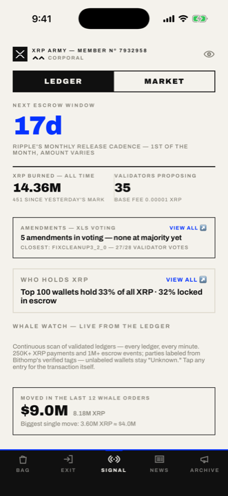 The Signal — whale watch and escrow, live from the ledger